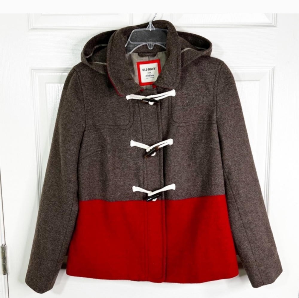 Old Navy Wool Blend Colorblock PeaCoat in Brown & Red Women's Size Medium